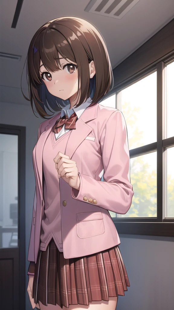 princessconnectYui, Yui, Bobcut, (Brown eyes:1.7), Brown Hair, Medium Hair,whole body,Low - Angle,front,looking at the camera, 
break blazer, Jacket, tie, (pink Jacket:1.5), Plaid, Plaid skirt, pleated skirt, red tie, (red skirt:1.5), , skirt, Tokyo Metropolitan Tsubakigaoka High School ,
break looking at viewer,
break indoors, classroom,
break (masterpiece:1.2), Highest quality, High resolution, unity 8k wallpaper, (figure:0.8), (Beautiful attention to detail:1.6), Highly detailed face, Perfect lighting, Highly detailed CG, (Perfect hands, Perfect Anatomy),