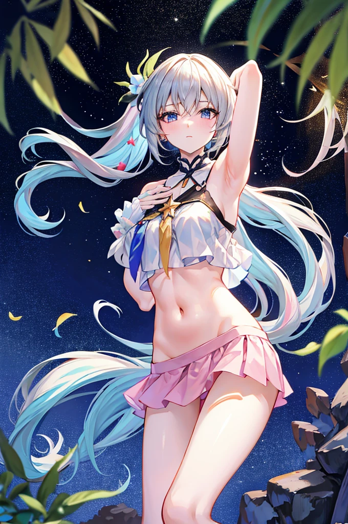 (masterpiece), best quality, long hair, straight hair, anime girl, young, skinny, sexy, beach , ( pink miniskirt), medium thighs, medium , navel, g cup chest, (beautiful face) , seductive , white gloves, upper thighs, bare shoulders , good angle , light blue hair , firefly (honkai star rail), leaning, ponytail, armpits, lying 