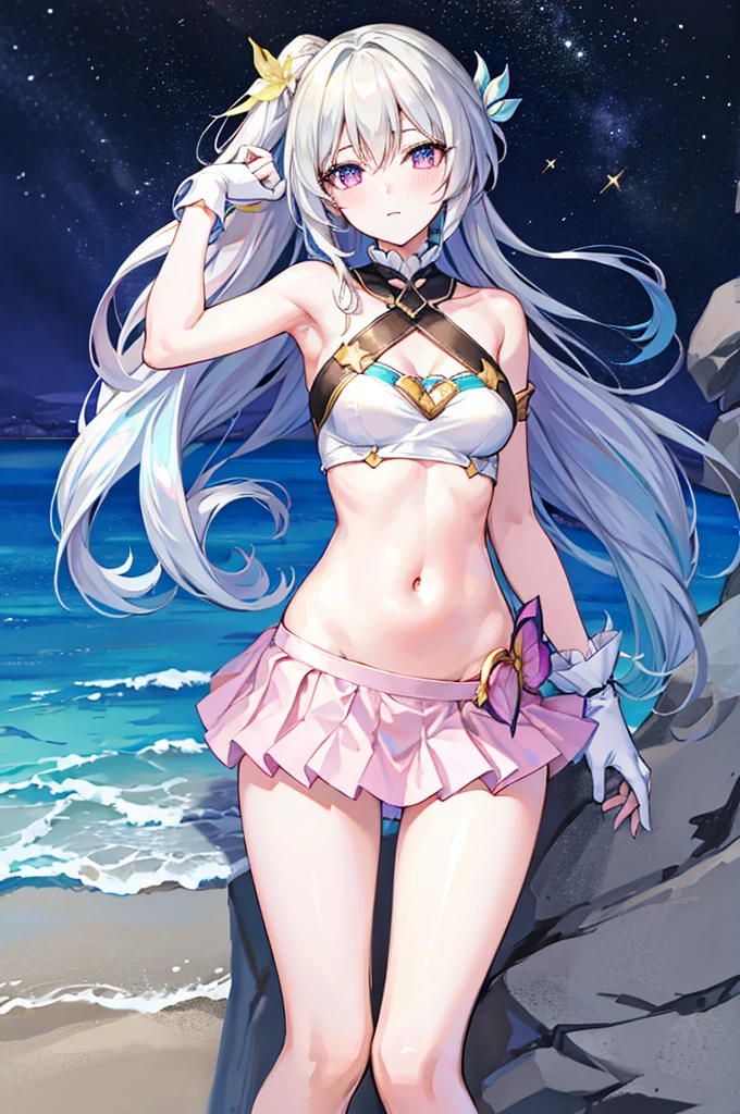 (masterpiece), best quality, long hair, straight hair, anime girl, young, skinny, sexy, beach , ( pink miniskirt), medium thighs, medium , navel, g cup chest, (beautiful face) , seductive , white gloves, upper thighs, bare shoulders , good angle , light blue hair , firefly (honkai star rail), leaning, ponytail, armpits, lying