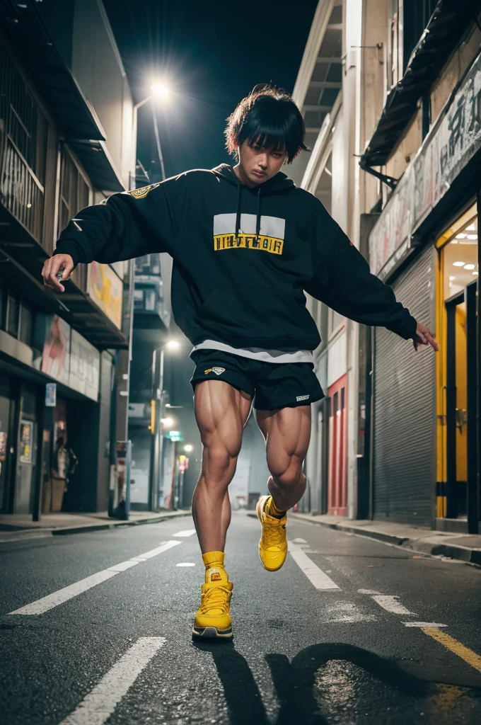 ((Raw photo)), ((first work)), 擬people化されたpeople型の馬を身に着けている (((Streetwear))), people々Walking wildly between, Intricate details, A complex Greebles piece, Sci-fi city behind, Muscular body, (((Big muscles))), Muscular arms, (Small Head), Giant auger, タイタンSoft Lighting, Surreal, Soft Lighting, Evil environment, Running pose、Yellow Shoes