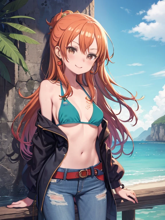 One Woman、One Piece、Nami、Exposing shoulders, belt, bikini, bikini top only, blue null, bracelet, chest, Brown eyes, bubble, chestの谷間, cloud, Cowboy Shot, Day, denim, Earrings, Floating Hair, green belt, green bikini, between legs, jeans, jewelry, large chest, Log Pause, Long Hair, View your viewers, belly button, Orange Hair, pants, shoulder tattoo, Side Lock, null, smile, alone, Are standing,  Swimwear, tattoo , 