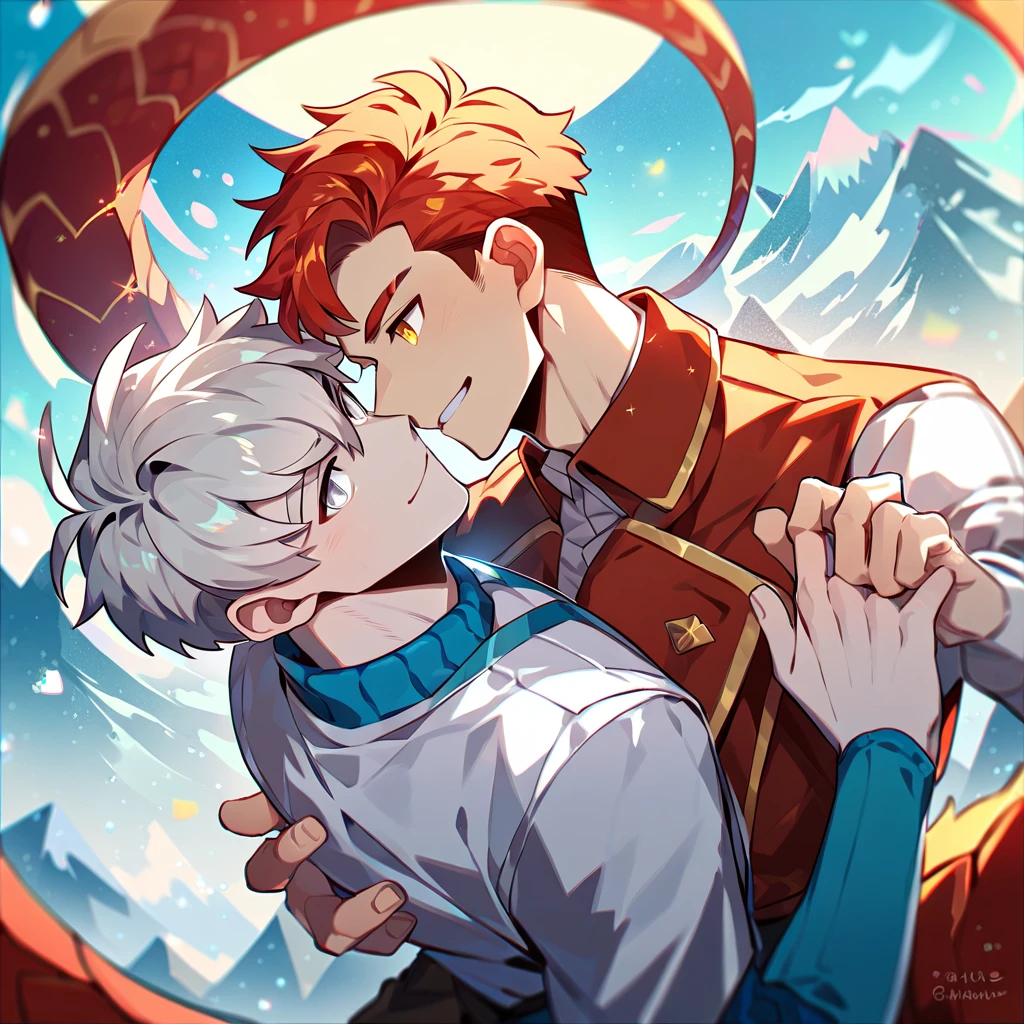 2 young men, focus man , Yaoi, pair,smile, (human, red hair, Amber eyes,Dragon Mountain,dragon tail ), (human, silver blonde hair, Silver eyes) , Fantasy, The best aesthetics , best quality, Amazing quality, The best aesthetics
