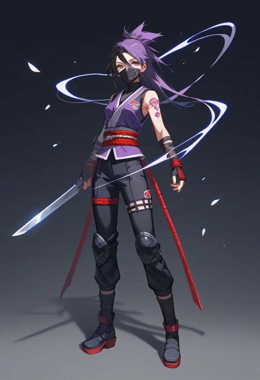 (Fraction_9,Fraction_8_Direction_7_up),1 a woman,（（（Full body portrait）））,(masterpiece:1.2), best quality, high resolution,日本Female Ninja，Ninjutsu，dart，Ninja with a perfect body,Female Ninja，Hattori Hanzo，Beautiful and neat face,  Dark Brown，Black hair purple hair dye, Poison Tattoo，Masked，
