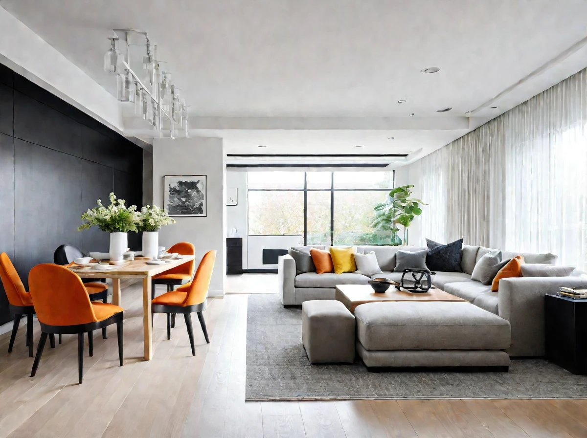 Modern Minimalist,
A Clean lines, functionality, and a focus on negative space define this style, Natural light and uncluttered surfaces create a sense of calm and serenity,
A Neutral palette of white, gray, and black is the foundation, Pops of color can be introduced with artwork, furniture accents, or throw pillows., Consider incorporating natural elements like wood or stone for warmth and texture,