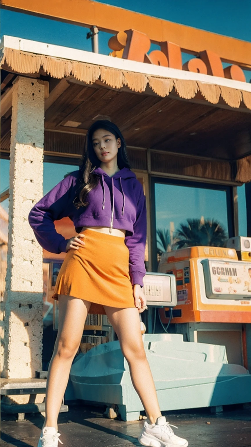 (medium cinematic shot portrait), of cute 23 yo girl (perfect plump body) ,wear ((orange color oversized_hoodie)), wear ((purple tennis skirt)),looking front,Best Quality,Masterpiece,Ultra High Resolution,(Realisticity:1.4),Original Photo, 1Girl, light leak,ultra high resolution,UHD,beautiful, (black bob hair), almond eye, no makeup, looking at camera,in front of ((80's colorful gas station)), (realistic:1.2), (surreal:1.3), (very detailed:1.1), ((masterpiece)),summer, blue sky, palm trees,sunny, los angles vibes,film camera, 800mm lens,style of Philip Lorca diCorcia