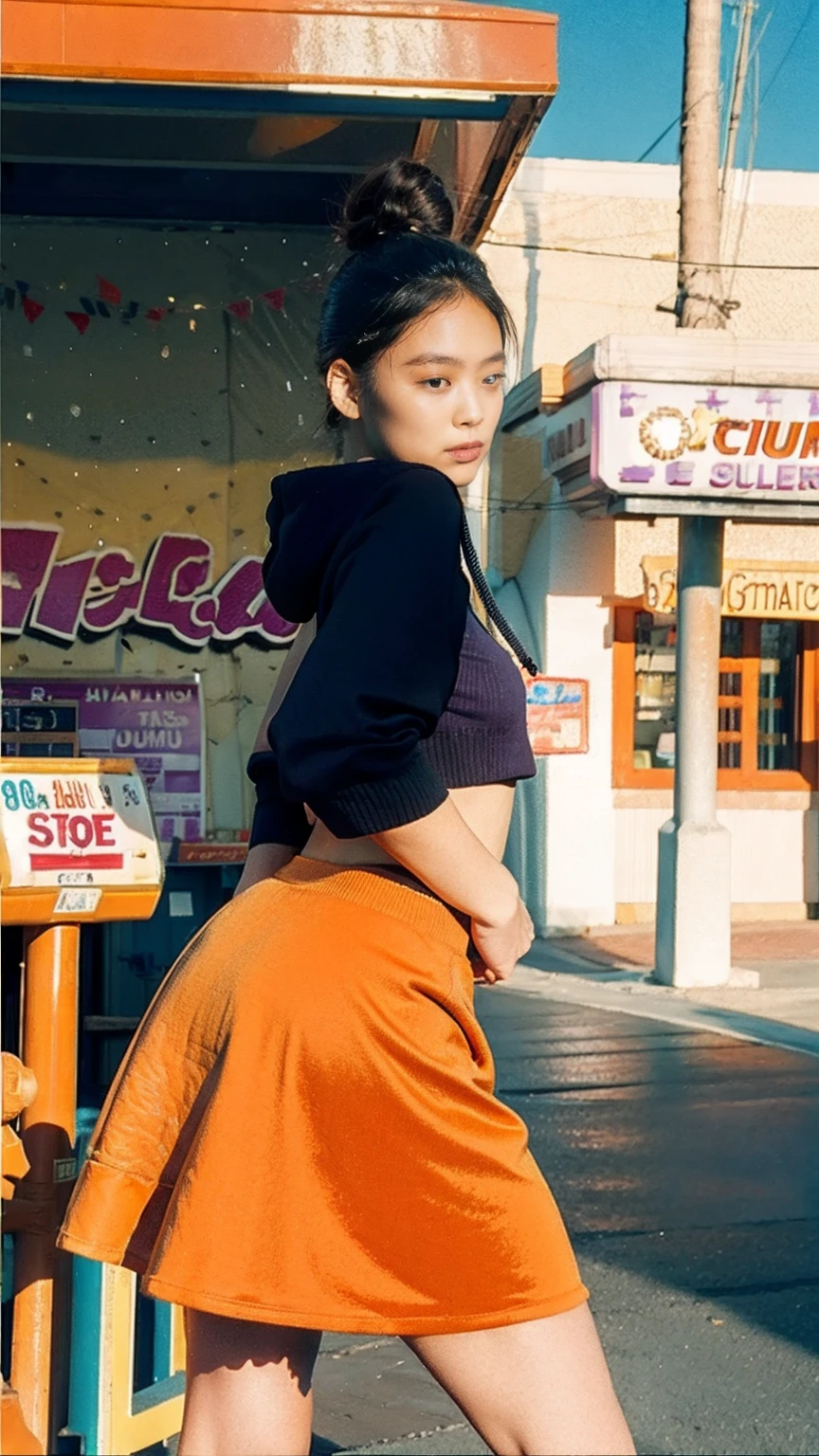 (medium cinematic shot portrait), of cute 23 yo girl (perfect plump body) ,wear ((orange color oversized_hoodie)), wear ((purple tennis skirt)),looking front,Best Quality,Masterpiece,Ultra High Resolution,(Realisticity:1.4),Original Photo, 1Girl, light leak,ultra high resolution,UHD,beautiful, (black bob hair), almond eye, no makeup, looking at camera,in front of ((80's colorful gas station)), (realistic:1.2), (surreal:1.3), (very detailed:1.1), ((masterpiece)),summer, blue sky, palm trees,sunny, los angles vibes,film camera, 800mm lens,style of Philip Lorca diCorcia