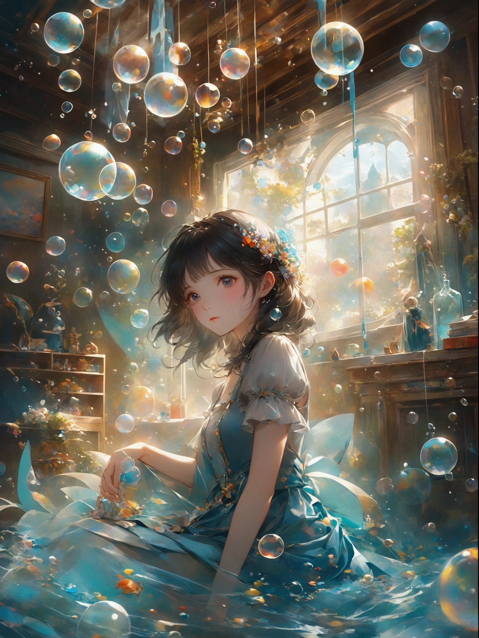 An anime girl in a blue dress、Sitting in a room with bubbles floating around, Anime fantasy illustration, Fantasy art style, artstation pixivでトレンド, Gweiz-style artwork, Beautiful artwork illustration, Anime fantasy artwork, A close-up fantasy using the magic of water, Artgerm Julie Bell Beeple, guweiz on pixiv artstation