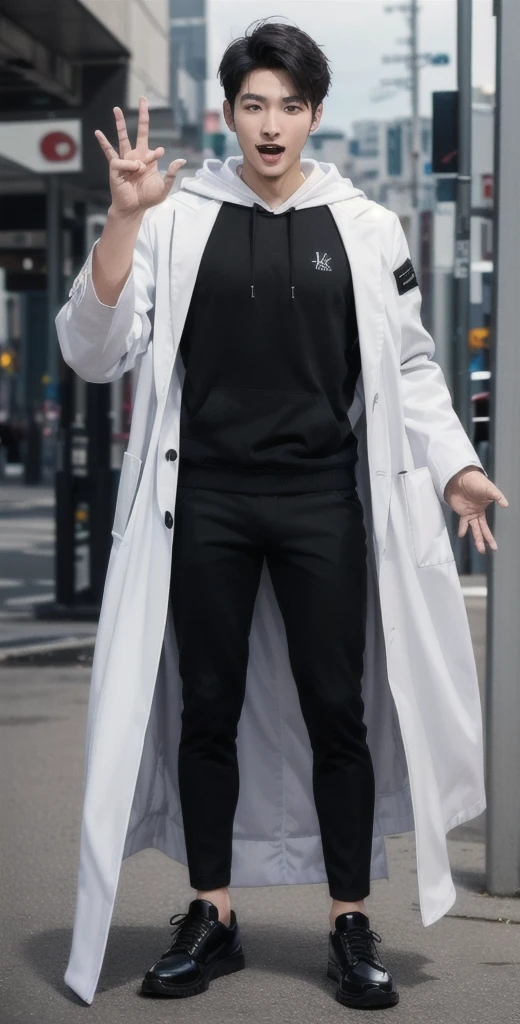 (OK Sign.:1.7),(photorealistic:1.2), (high detail face:1.3), (high detail hands:1.3), (anatomically correct hands:1.2), handsome young asian man, Japanese idol style, short clean-cut hair, ((center part)), (crisp white lab coat:1.3), ((black hoodie underneath:1.2)), (black pants:1.2), (black shoes:1.2), (enthusiastic expression:1.3), ((explain pose:1.4)), (both arms raised:1.3), (clenched fists:1.3), (energetic stance:1.2), plain white background, mid-shot portrait, full body view, high quality, detailed, 8K, (realistic skin texture:1.2), (sharp focus:1.1), (contrast between white coat and black clothing:1.2)