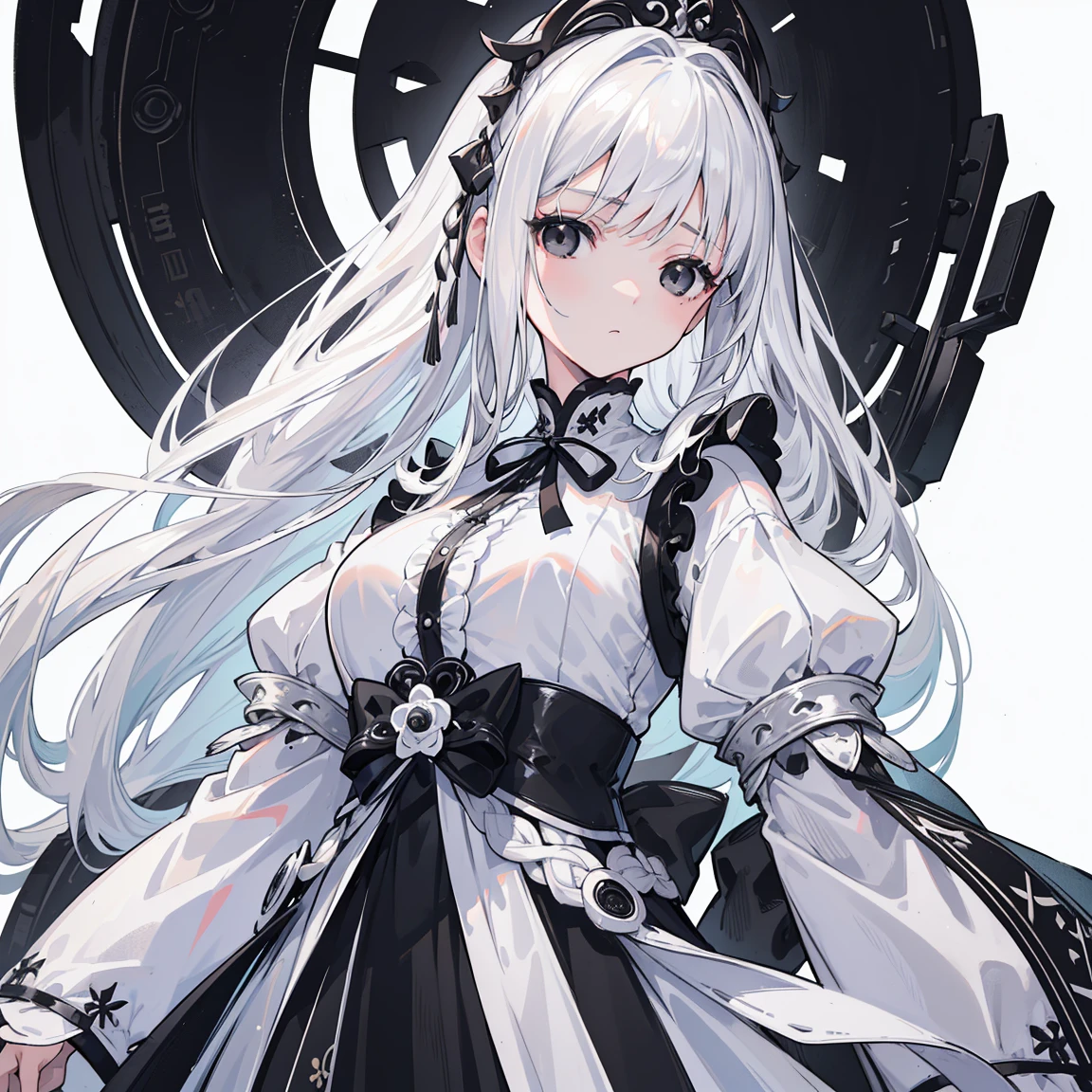 (Top image quality)、(Very detailed)、(Facing forward)、Top quality、masterpiece、(((1 girl )))、Silver Hair、White hair、((Long hair))、Weaving、(black eyes:1.6)、(White and black cheongsam)、Hooded dress、Lots of decorations、Lots of ribbons、White Ribbon、ruthless、dignified、Fluffy loose hair