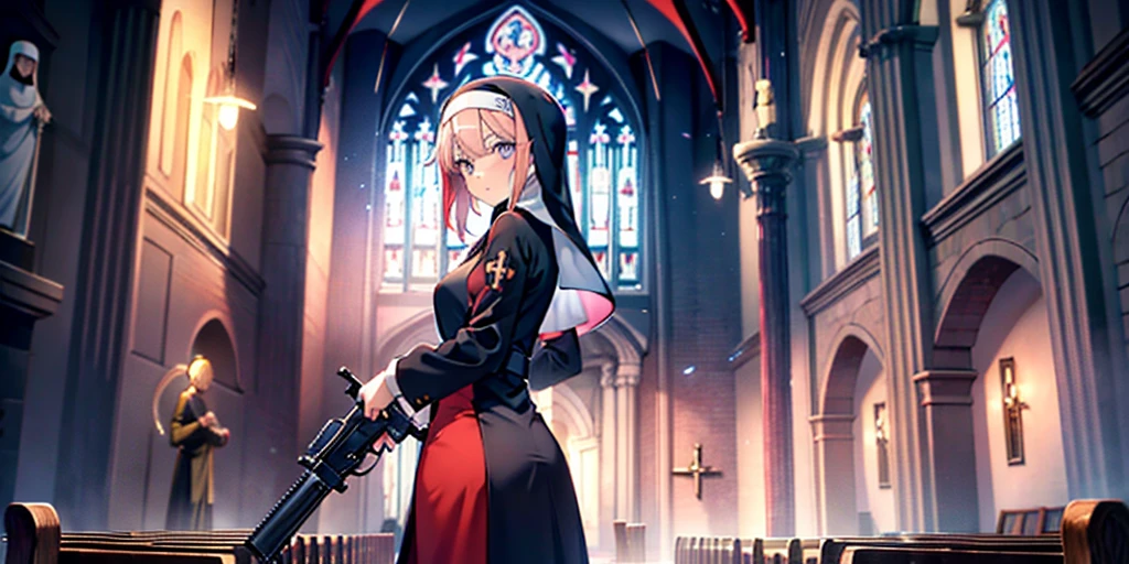 Girl,Red and blue gradient pupil,Yellow-purple gradient hair,Nun clothes,Armed with a revolver,In the church,The nun pulled out her revolver and pointed it at the statue of God,The statue's shadow looms over the nun,Behind the nun is the kneeling corpse of the leader,