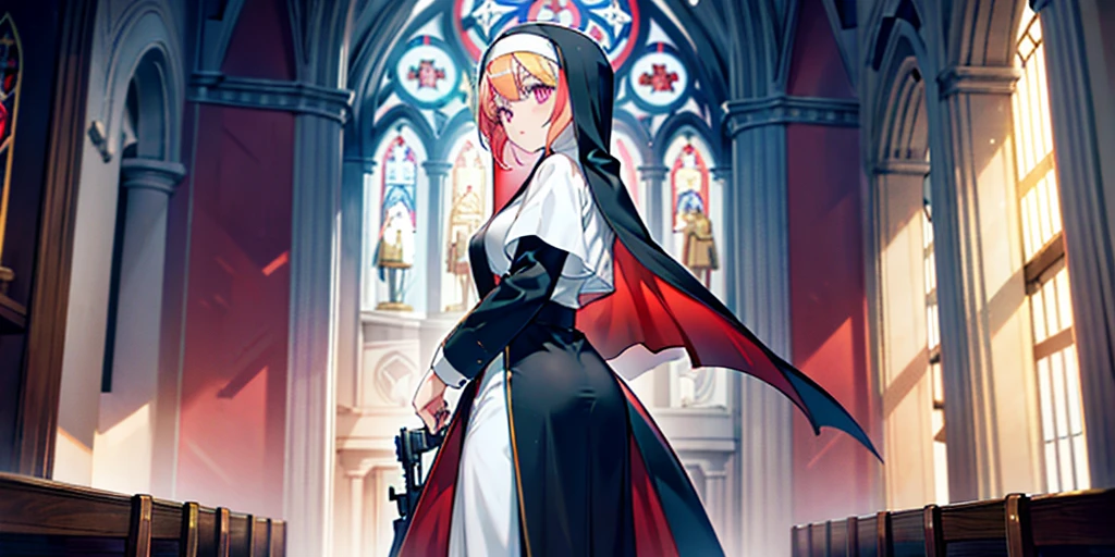 Girl，Red and blue gradient pupil，Yellow-purple gradient hair，Nun clothes，Armed with a revolver，In the church，The nun pulled out her revolver and pointed it at the statue of God，The statue&#39;s shadow looms over the nun，Behind the nun is the kneeling corpse of the leader，