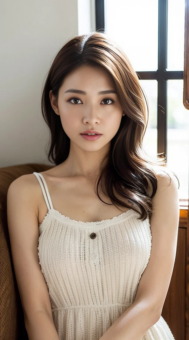 Dark brown hair、Light brown eyes、Japanese actress、 Lady、I am about 40 years old......、(Intricate details:1.2)、(Which is the top??????:1.4)、 (Ultra-high resolution:1.2)、Ultra-high resolution、(fine adjustment)、(Detailed facial features)、Hmph、8k resolution、D cup size breasts、Long Hair、1 girl, Deep sorrowの表情, (Very detailed美しい顔), (camisole:1.5), (Expose your shoulders:1.3), (Highest quality:1.4), (Very detailed)、Beautiful fair skin with transparency, Are sleeping、Sleeping on the floor、 Spread your legs wide, Please open your mouth a little、Her legs are visible through the dress、Deep sorrow、Pose of Weakness、Obscene pose、White floor、White wall、The morning sun shines in、Sleeping on your side。On the bed、Please cover your body with a blanket、