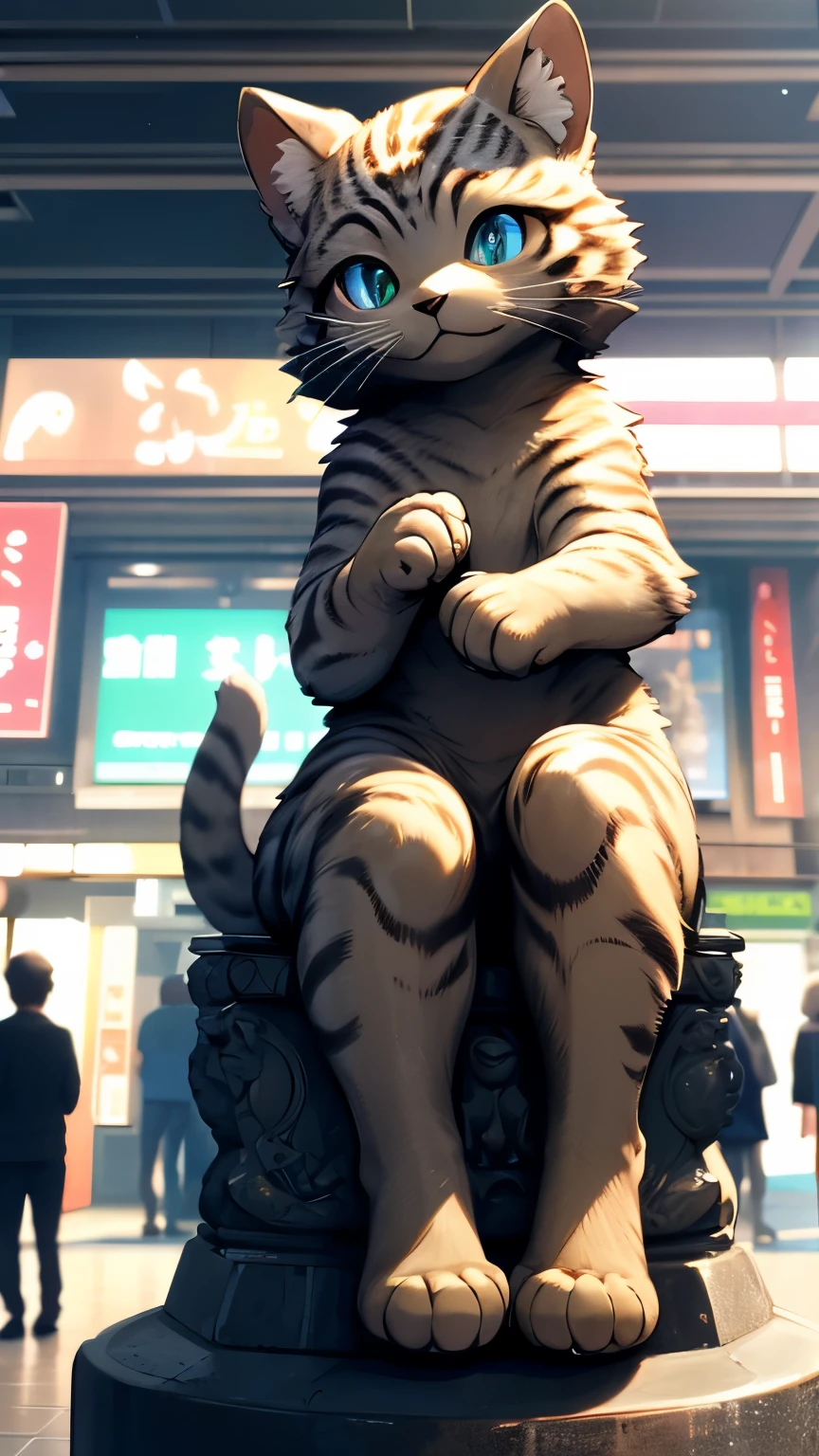 Highest quality, Highest quality, 16K, Unbelievably absurd, Very detailed, delicate and dynamic, Natural light, A huge bronze beckoning cat statue, Sitting, 30m tall beckoning cat, Tokyo Japan, In front of Shibuya Station