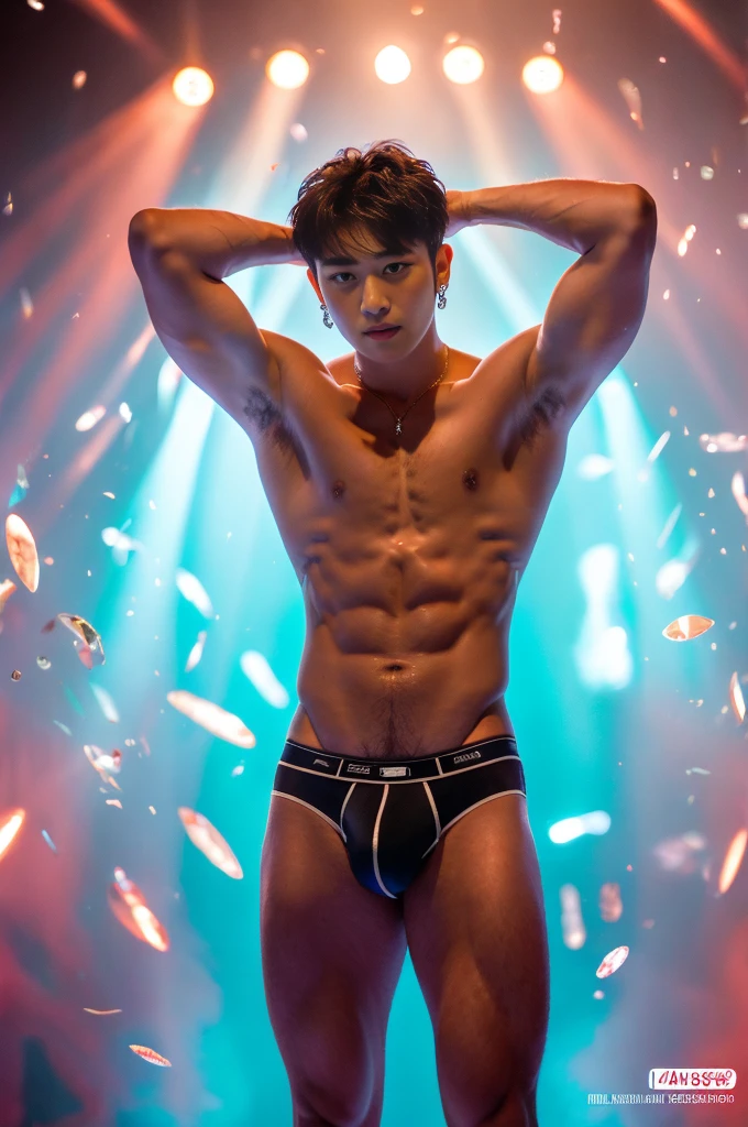 (8k, RAW Photos, Highest quality) masterpiece, 1 ager, 18-year-old, Asian Muscular Man Watching the Viewer, Stand in front, Exposing his huge muscular chest, Puffy nipples, Sexy Six Pack, Tight waist, good looking, topless, Thick body hair, A man wearing thong underwear , Gradient Background, Shine & Sequin Backdrops , Cinema Lighting, Ultra-high resolution , KPOP idol