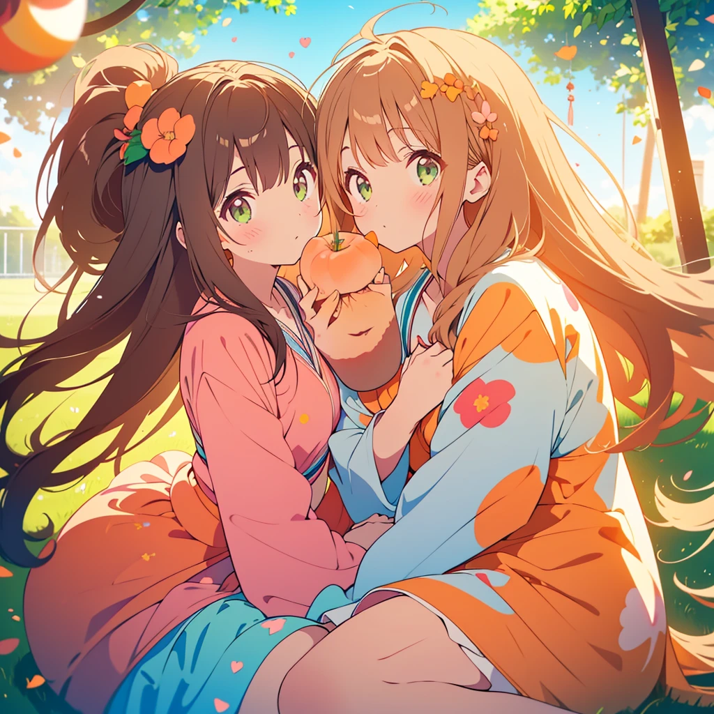 kawaii, anime, Cute, hyper quality, highly detailed, 8k, Clarity, dark brown long hair, green eyes, Eating a peach with my golden-eyed sister, two girls hugging each other, peek out one's face, soft air, whole body, Draw facial expressions in detail, bite a peach, peach tree, eat a peach with your mouth open, big peach tree, blue sky, eating motion, soft smile, in nature, uniform,