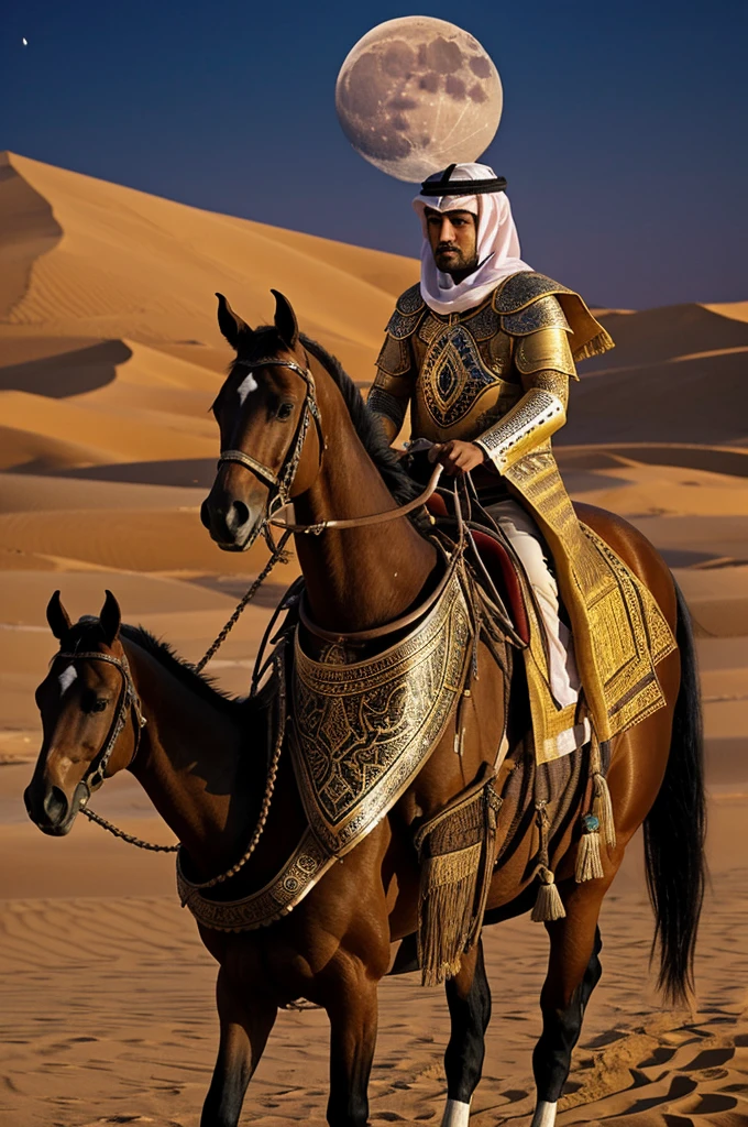 A person in traditional Arabian armor and clothing rides a decorated horse in a desert landscape during sunset. The person's face is replaced by an image of the moon. Arabic text is overlaid at the bottom of the image.
