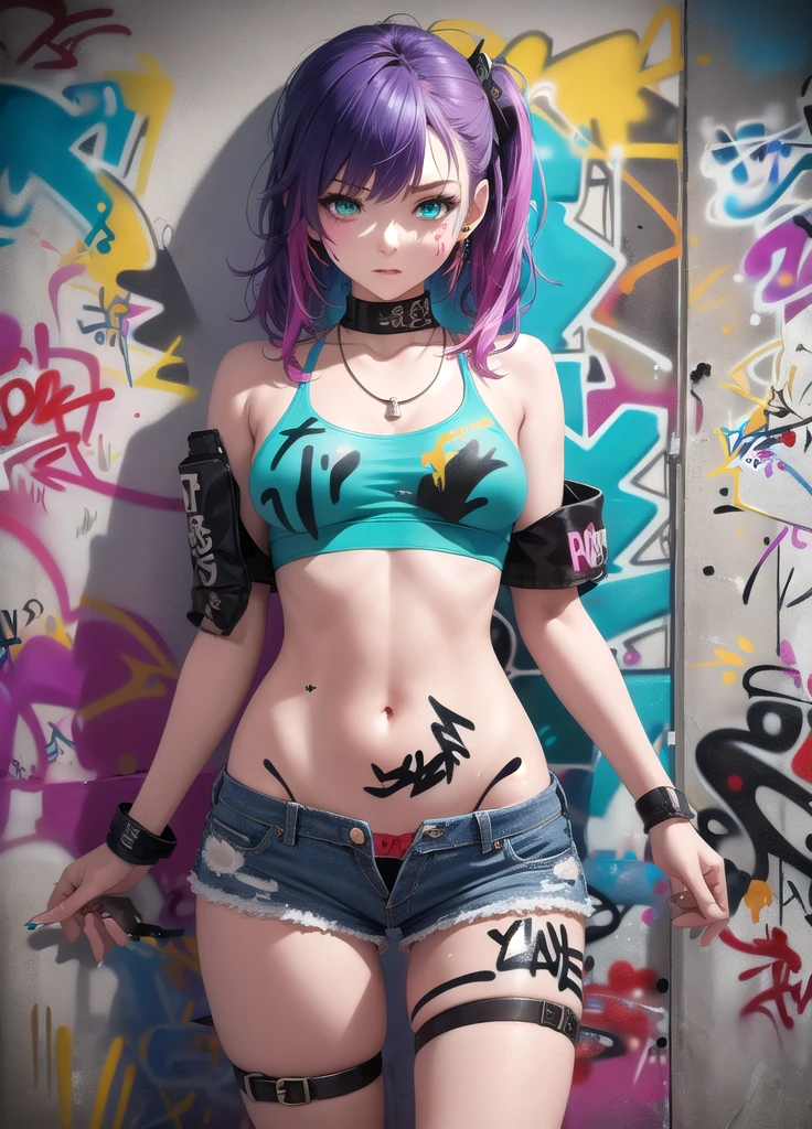 masterpiece, best quality, 1 Girl, Solitary, Crop Top, Denim shorts, Necklace, (Graffiti:1.5), Paint splatter, Put your hands behind your back, Against the wall, Looking at the audience, armband, Thigh straps, Body paint, Head tilt, boring, Colorful hair, Aqua eyes, earphone,