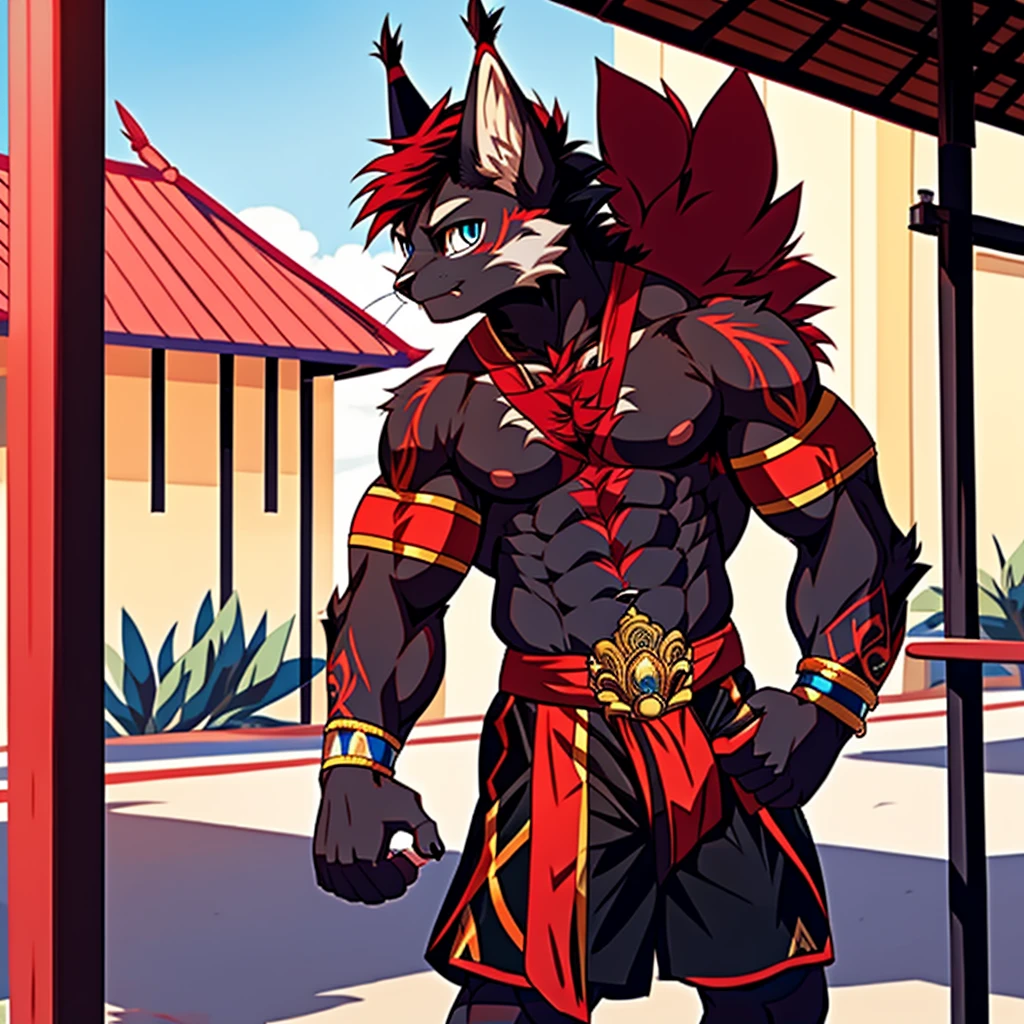 Best quality, Young, 15 year old, Furry, Solo, Male black lynx cat: 1.5, (black fur), (black fur), black fur, blue eyes, red chest hair, black long hair, black mane, red hair, red armpit hair, red whiskers, Humanoid hands, Muscular body, Strong Abs, Strong Biceps, Wearing Red Muay Thai Style Clothes, Topless, Standing in the street of Thailand, Red Mohawk hair, Detailed black fur, Detailed cloths, Thailand.