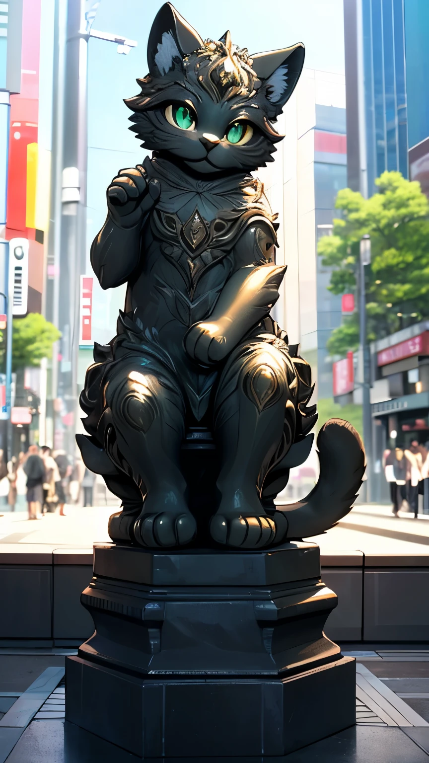 Highest quality, Highest quality, 16K, Unbelievably absurd, Very detailed, delicate and dynamic, Natural light, A huge bronze beckoning cat statue, Sitting, 30m tall beckoning cat, Tokyo Japan, In front of Shibuya Station