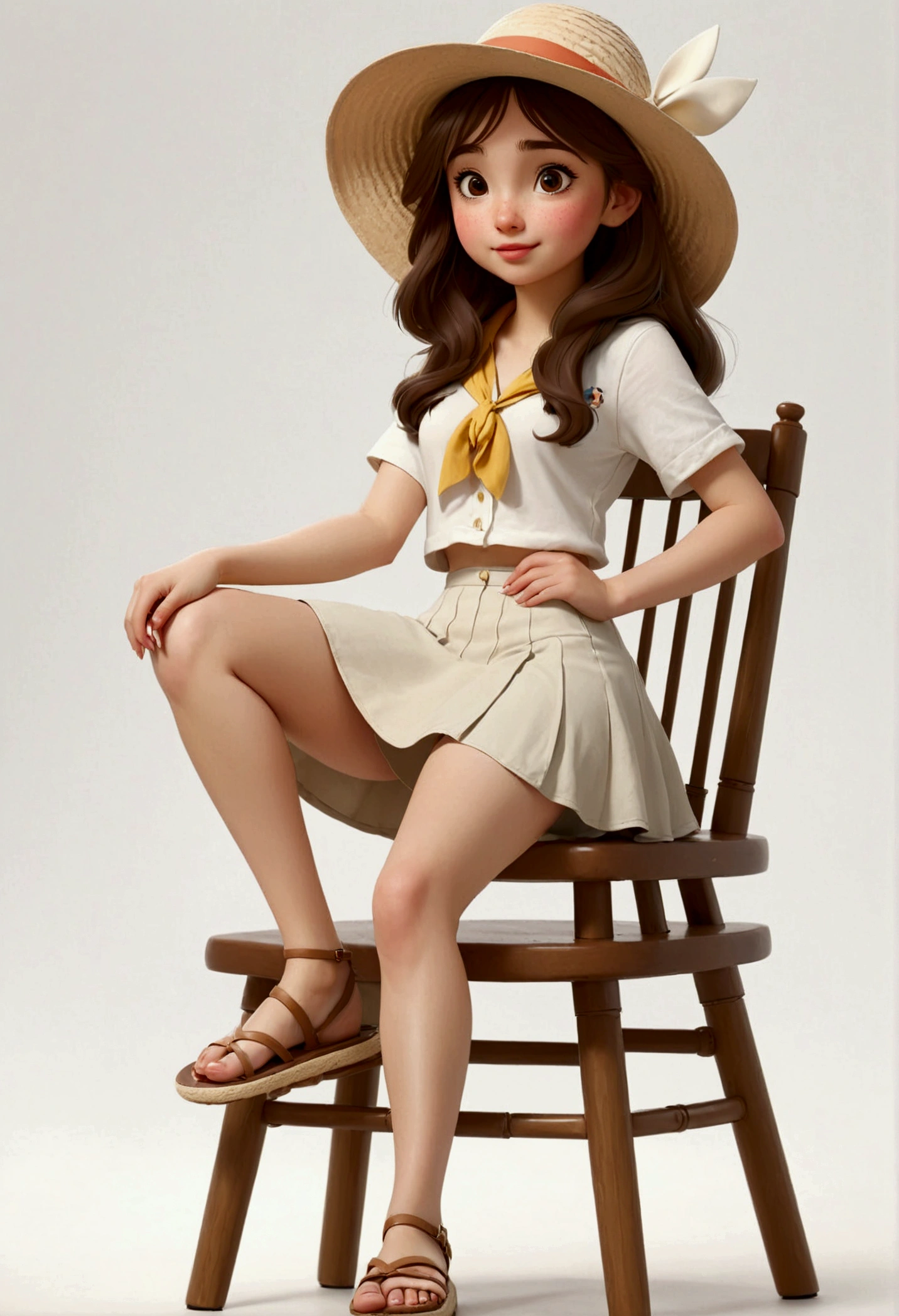 solo,1 Girl,18 years old,Wear casual clothing,White skin,Sun hat,Standing,miniskirt,sandals,feature, Disney style, Multiple poses and expressions, White background, Beautiful and delicate face,sideways,Sitting,sit on the chair,Look at the camera,Expose