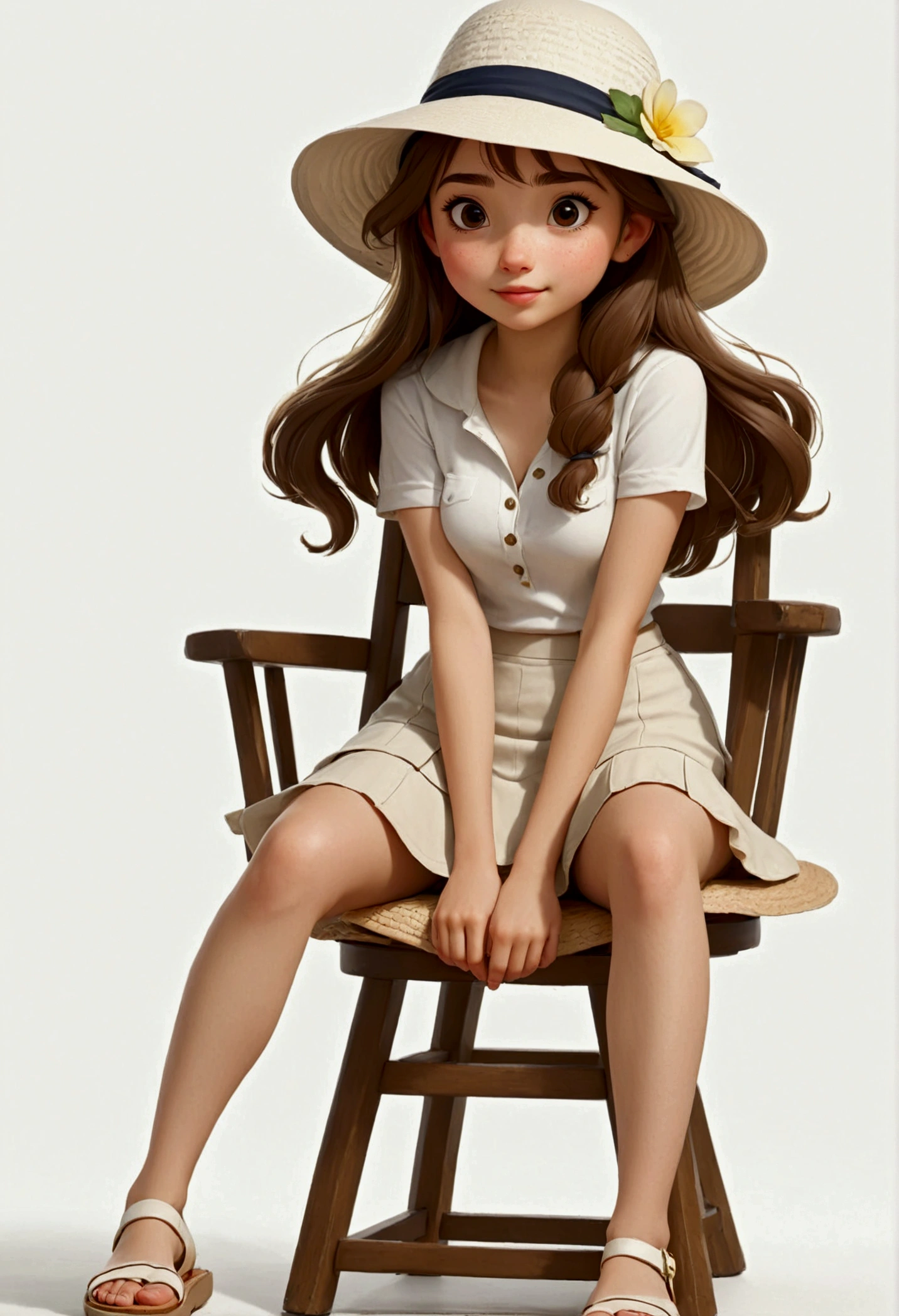 solo，1 Girl，18 years old，Wear casual clothing，White skin，Sun hat，Standing，miniskirt，sandals，feature, Disney style, Multiple poses and expressions, White background, Beautiful and delicate face，sideways，Sitting，sit on the chair，Look at the camera，Expose