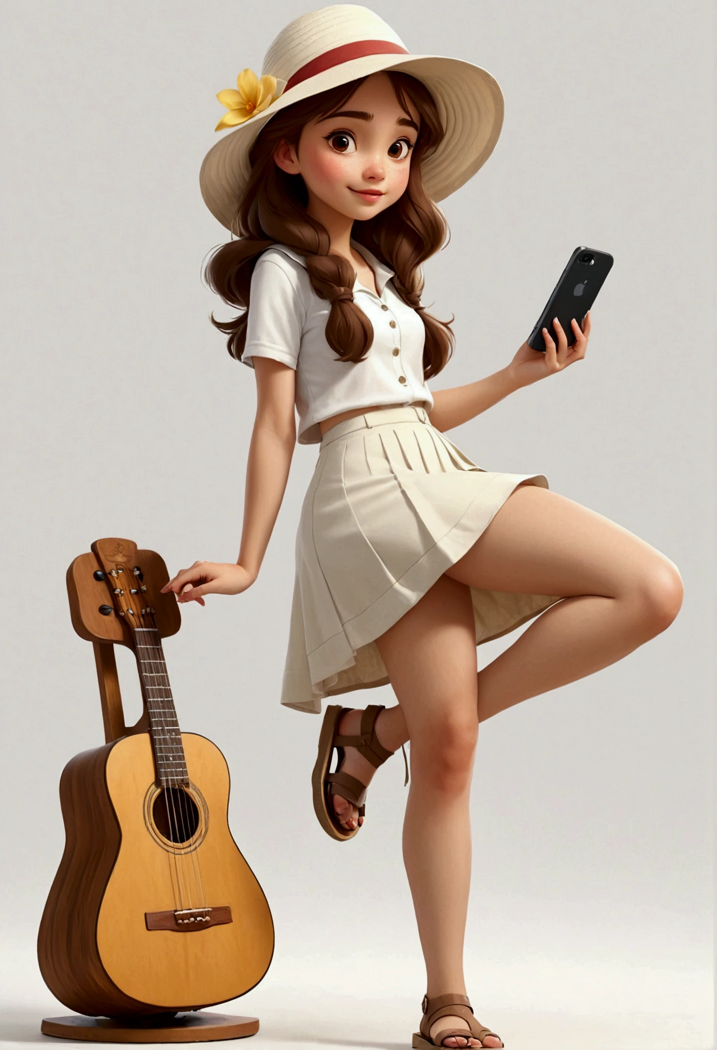 solo,1 Girl,18 years old,Wear casual clothing,White skin,Sun hat,Standing,miniskirt,sandals,feature, Disney style, Multiple poses and expressions, White background, Beautiful and delicate face,sideways,Sitting,sit on the chair,Look at the camera,Expose