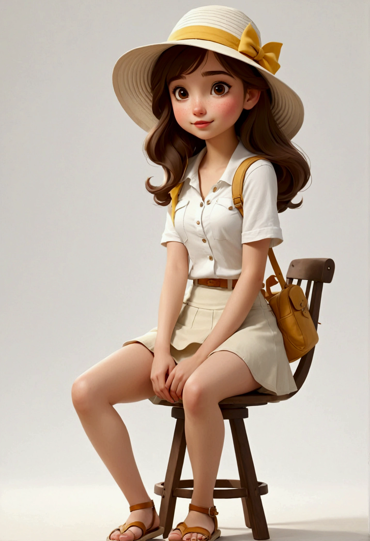 solo,1 Girl,18 years old,Wear casual clothing,White skin,Sun hat,Standing,miniskirt,sandals,feature, Disney style, Multiple poses and expressions, White background, Beautiful and delicate face,sideways,Sitting,sit on the chair,Look at the camera,Expose