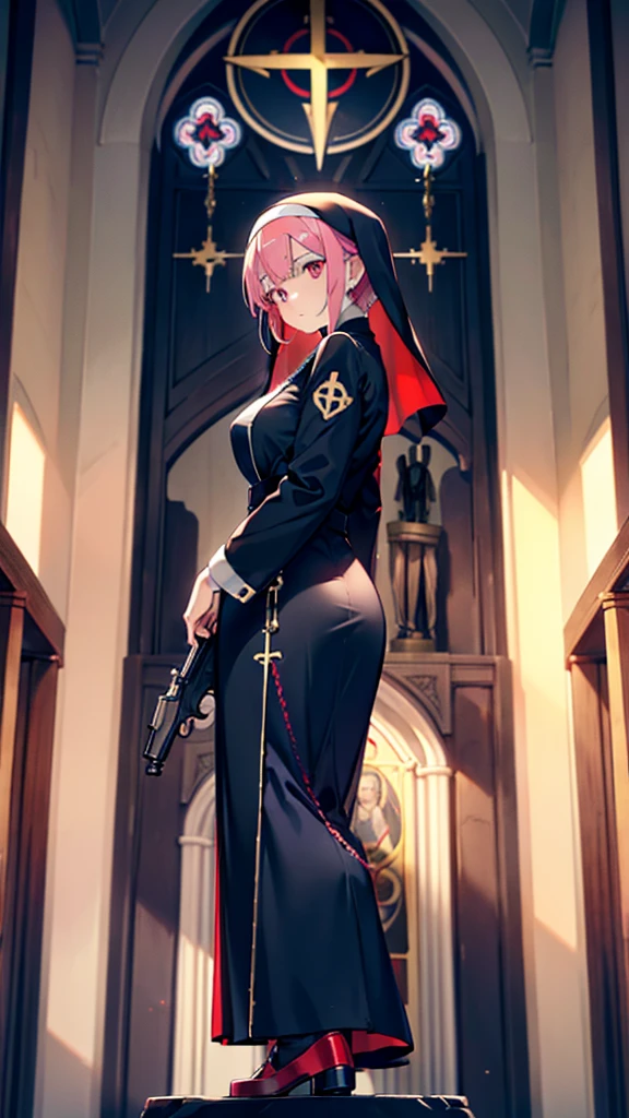 Girl,Red and blue gradient pupil,Yellow-purple gradient hair,Nun clothes,Armed with a revolver,In the church,The nun pulled out her revolver and pointed it at the statue of God,The statue's shadow looms over the nun,Behind the nun is the kneeling corpse of the leader,