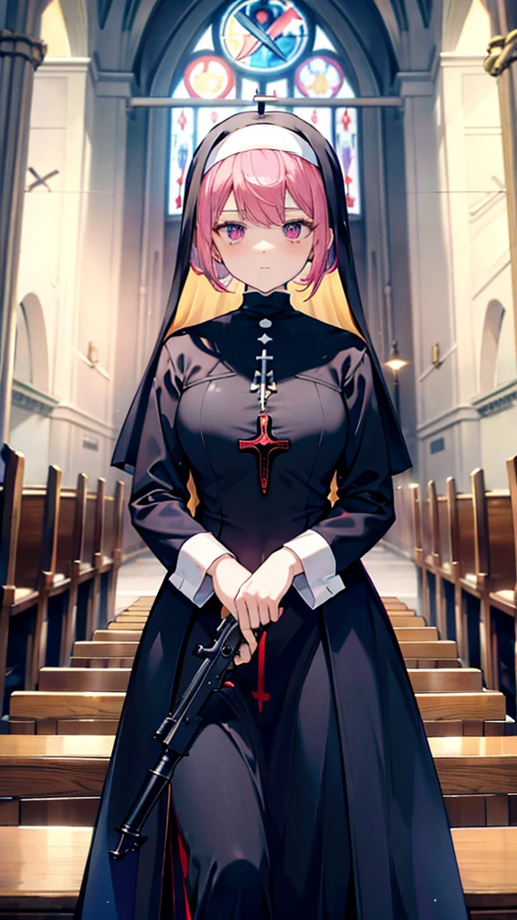 Girl，Red and blue gradient pupil，Yellow-purple gradient hair，Nun clothes，Armed with a revolver，In the church，The nun pulled out her revolver and pointed it at the statue of God，The statue&#39;s shadow looms over the nun，Behind the nun is the kneeling corpse of the leader，