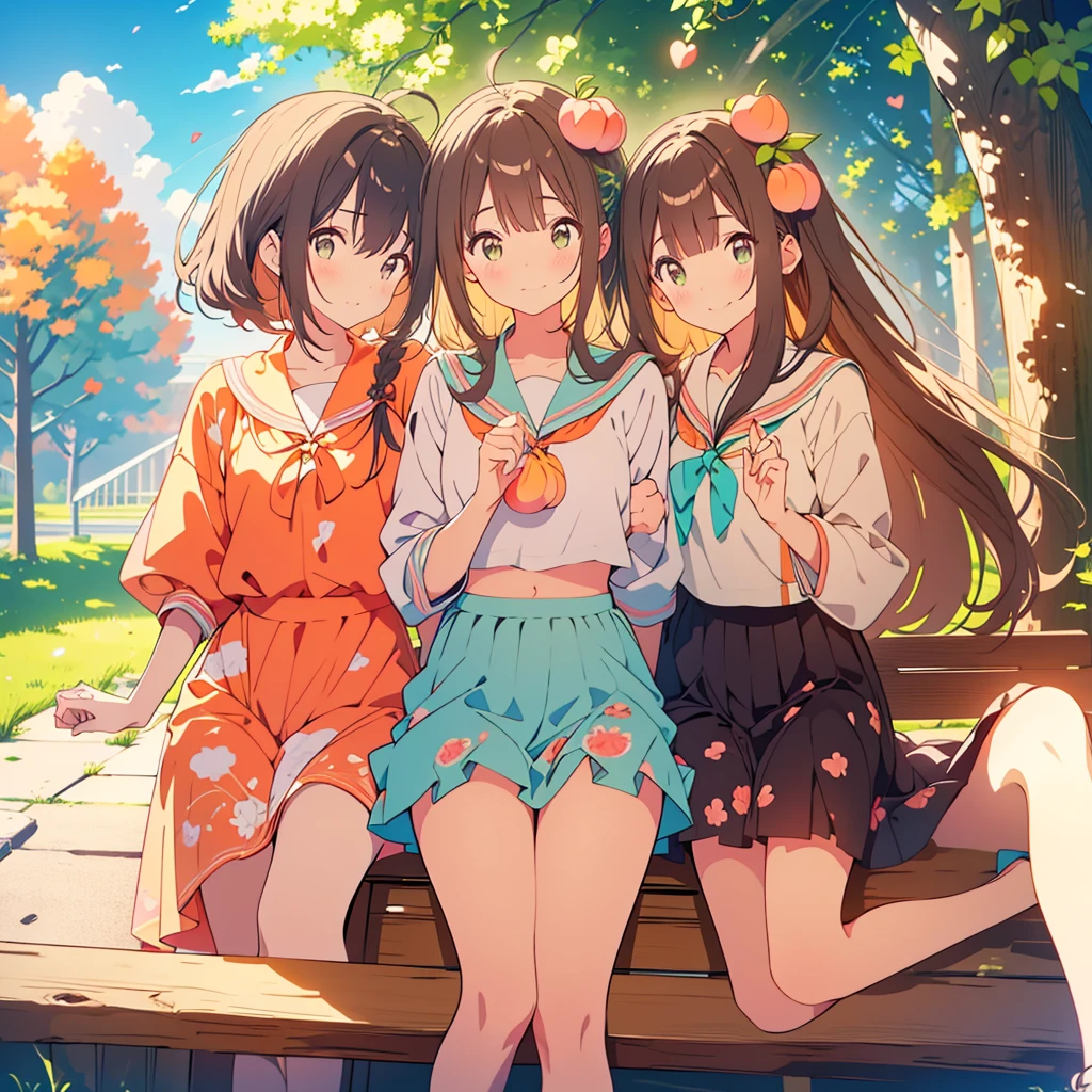 kawaii, anime, Cute, hyper quality, highly detailed, 8k, Clarity, dark brown long hair, green eyes, Eating a peach with my golden-eyed sister, two girls hugging each other, peek out one's face, soft air, whole body, Draw facial expressions in detail, bite a peach, peach tree, eat a peach with your mouth open, big peach tree, blue sky, eating motion, soft smile, in nature, uniform,