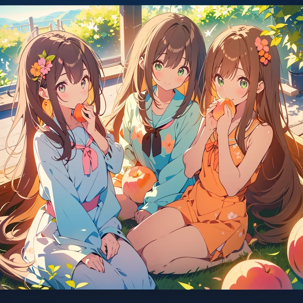 (best quality, 3heads, korean girl with three head kissing girl on cheek, different hair bangs, necks fused, brown hair with orange highlights, extremely long hair, hair reaching the floor, straight hair, friendship braiddress, cherry blossoms background, butterflies in background,)