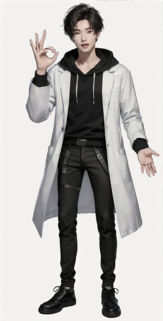 (OK Sign.:1.7),(photorealistic:1.2), (high detail face:1.3), (high detail hands:1.3), (anatomically correct hands:1.2), handsome young asian man, Japanese idol style, short clean-cut hair, ((center part)), (crisp white lab coat:1.3), ((black hoodie underneath:1.2)), (black pants:1.2), (black shoes:1.2), (enthusiastic expression:1.3), ((explain pose:1.4)), (both arms raised:1.3), (clenched fists:1.3), (energetic stance:1.2), plain white background, mid-shot portrait, full body view, high quality, detailed, 8K, (realistic skin texture:1.2), (sharp focus:1.1), (contrast between white coat and black clothing:1.2)