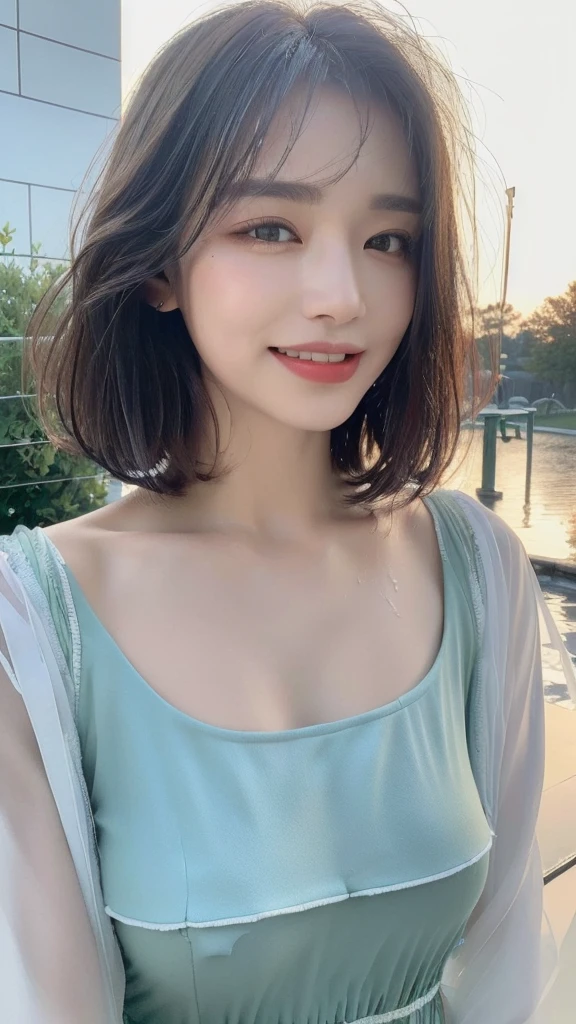 ((best quality, 8k, masterpiece:1.3)), Concentrate upon: 1.2, perfect body beauty: 1.4, hip: 1.2, ((layered haircuts, chest: 1.2)), (wet clothes: 1.1), (rain, distance:1.3), bandeau dress: 1.1, Highly detailed face and skin texture, good eyes, double eyelid, Whitening skin, long hair, (shut up: 1.3), laugh