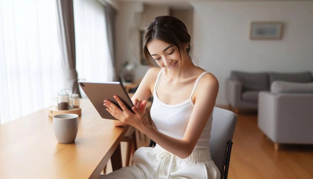 masterpiece, realistic, photorealistic, best quality, beautiful detailed, natural lighting, sharp focus, depth of field, slim body, abs:1.2, cleavage, best quality real texture skin, Detailed beautiful delicate face and eyes, beautiful Japanese young woman, eyes open, looking at viewer, best quality real texture skin, Detailed beautiful delicate face and eyes, double eyelid, smile:1.2, white teeth:1.2, very short straight brown hair,
