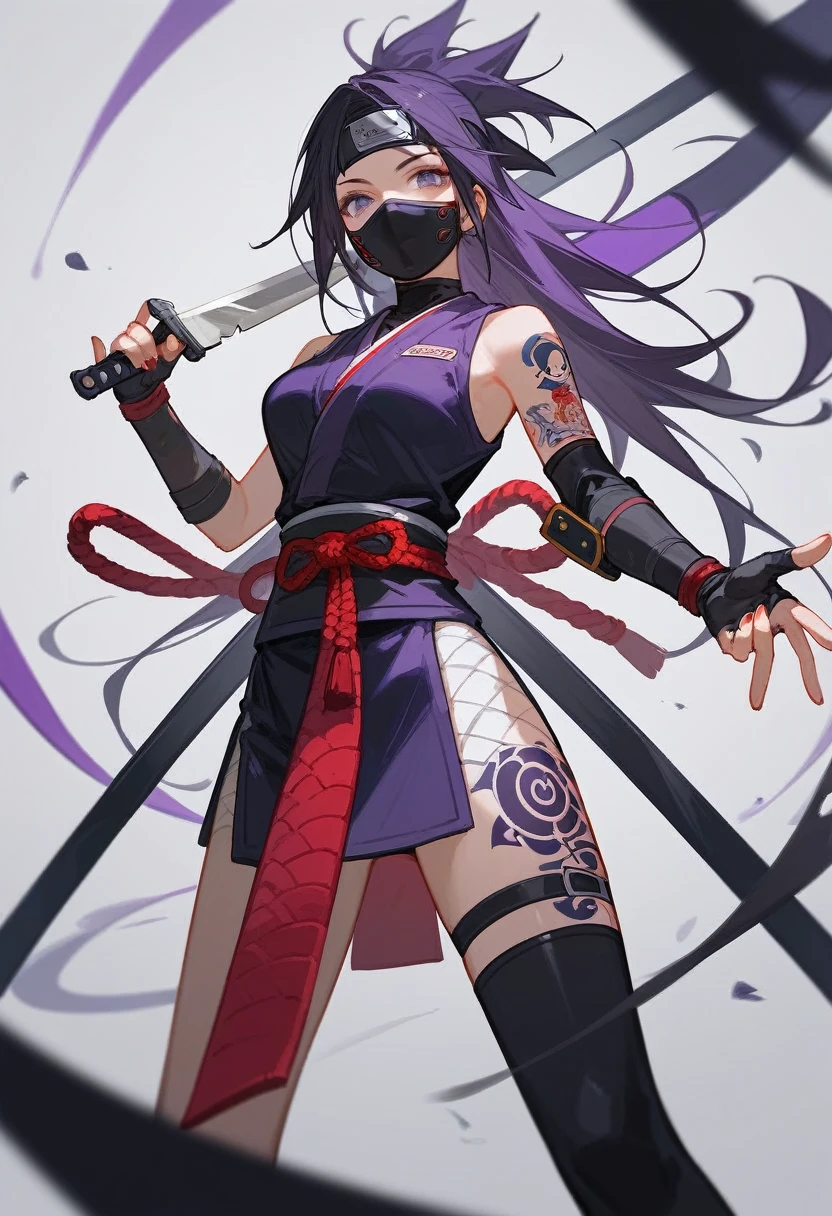 (Fraction_9,Fraction_8_Direction_7_up),1 a woman,(((bust))),(masterpiece:1.2), best quality, Throwing knife in hand,There are tattoos on the legs,high resolution,日本Female Ninja,Ninjutsu,dart,Ninja with a perfect body,Female Ninja,Hattori Hanzo,Beautiful and neat face, Dark Brown,Black hair purple hair dye, Poison Tattoo,Masked,