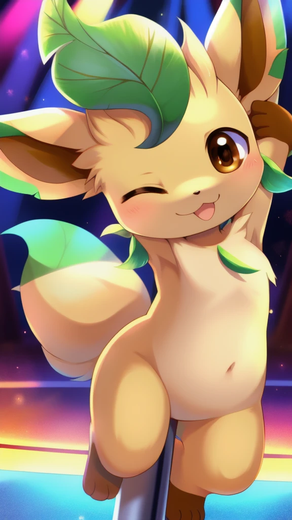 Leafeon, anthro, young, brown eyes, two tone body fur, clear yellow body fur, clear green body fur, brown hands, brown feets, feets whit three toes, detailed body fur, detailed face, detailed eyes, glistering body, shiny body, gorgeous body, masterpiece, high quality, anime style, full body, :3, night club, pole dance, (wink, one eye closed), :P,