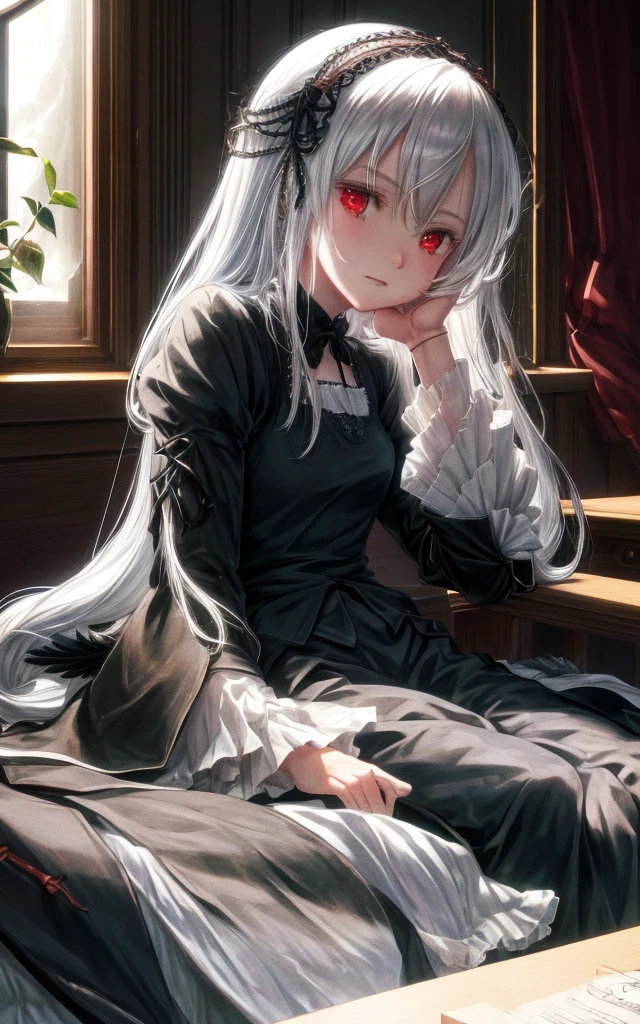 Write a scene featuring Suigintou from *Rose Maiden* sitting by the window. She has silver hair, black feathers, and wears a black dress. Her expression is emotionless, yet her eyes are strikingly beautiful. The room is dark, illuminated by moonlight streaming through the window. The moon is visible outside, casting a gentle glow across the scene.、doll