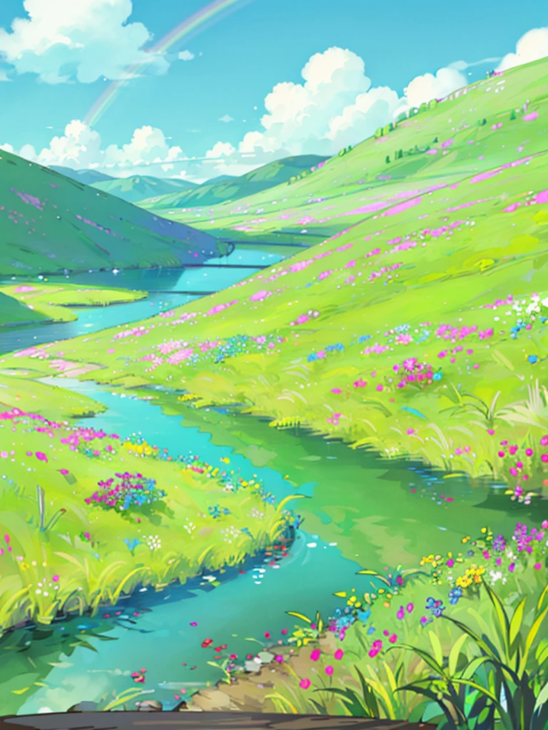 hill, Field of colorful flowers, clear sky, rainbow, waterfall, river, Multi-colored fish,