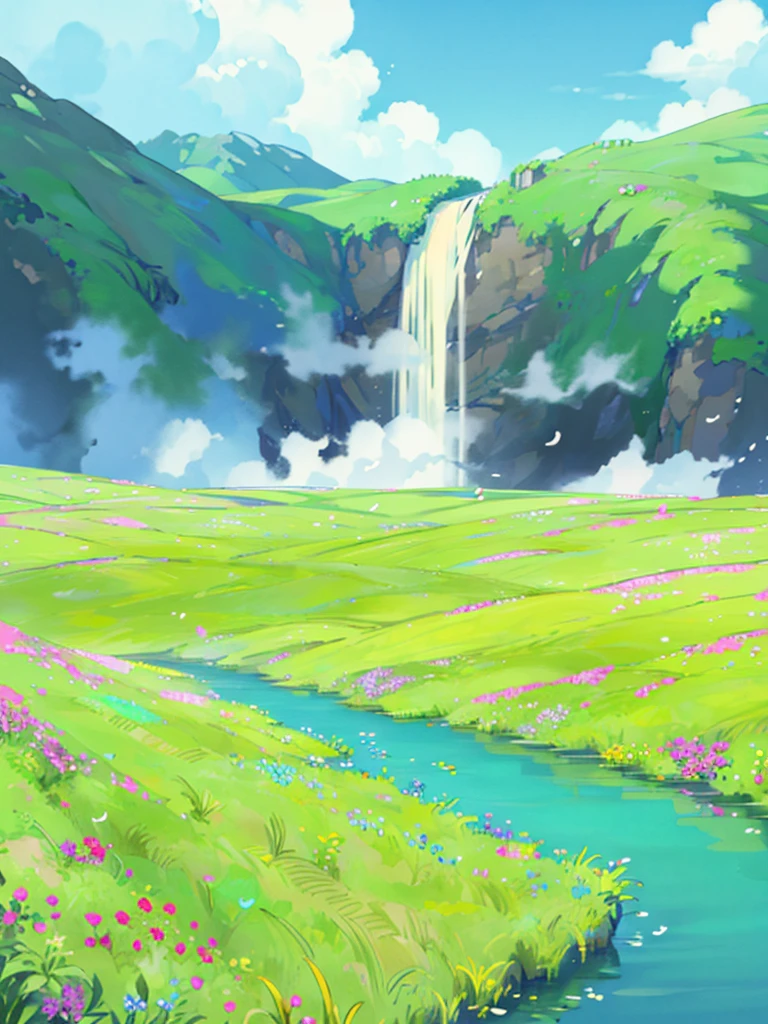 hill, Field of colorful flowers, clear sky, rainbow, waterfall, river, Multi-colored fish,