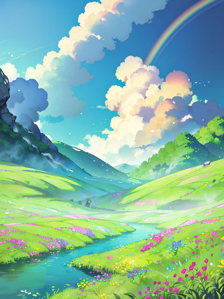 hill, Field of colorful flowers, clear sky, rainbow, waterfall, river, Multi-colored fish,