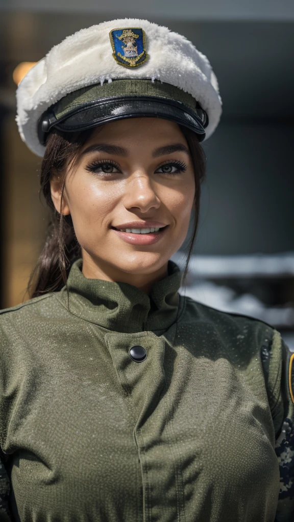 a beautiful Latin woman in military uniform, close-up portrait, military base in Alaska, winter day, stunning Alaskan lighting, smiling, 8k, realistic, photorealistic, ultra-detailed, masterpiece, dramatic lighting, cinematic, dramatic pose, intricate details, vivid colors