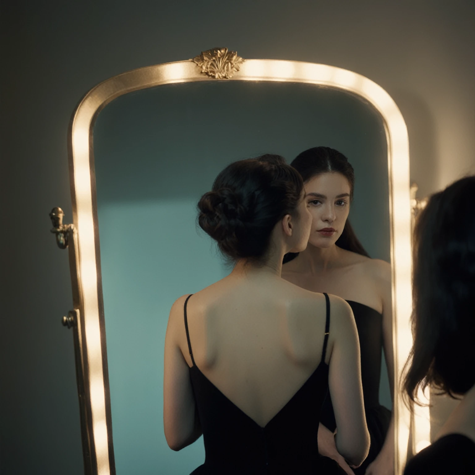 there is a woman in a black dress looking at herself in a mirror, looking in the mirror, looking in a mirror, looking into a mirror, looking in mirror, standing in front of a mirror, view from behind mirror, with a mirror, inspired by Nan Goldin, by Etienne Delessert, admiring her own reflection, inspired by Elsa Bleda