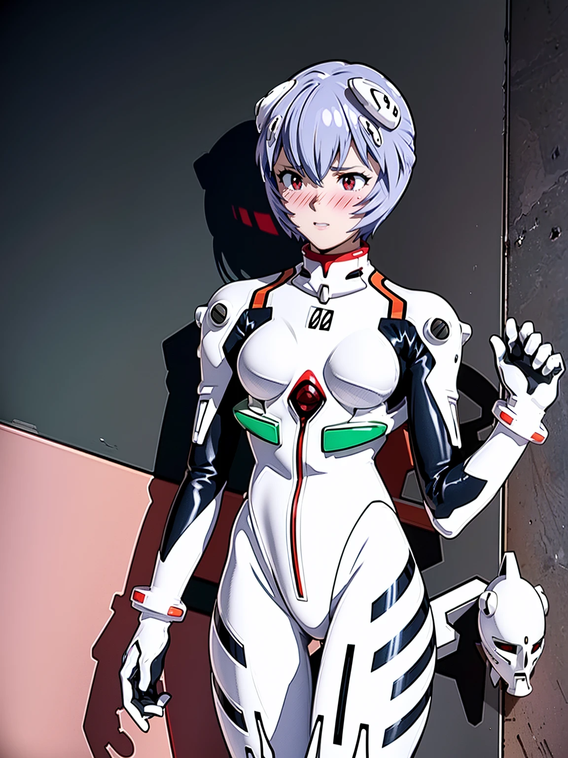 NSFW、((Rei Ayanami、evangerion))、、Gamine、、 body type、、((deadpan))、body suit、nudde、Put your hands behind your head、Show the armpits、Squat、Gani crotch、