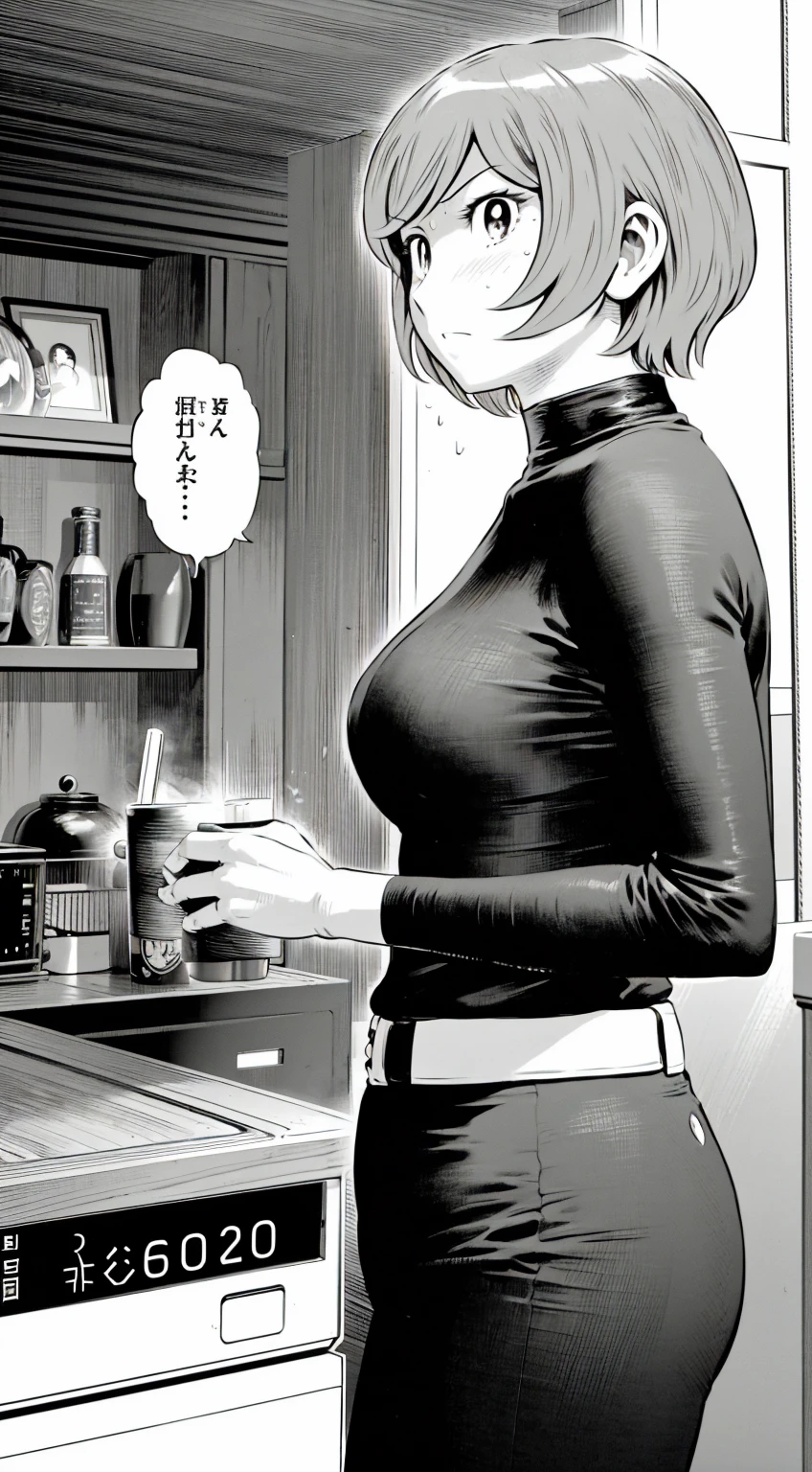 、(masterpiece、Highest quality)、Highest quality, Ultra-high resolution, (((masterpiece))), alone, Sweat、Big eyes,Tight black shirt、Tight white pants、belt、indoor、Composition from the front、(Cut the back hair short、short hair、blonde、woman)、Shortcuts、Embarrassed face、Cut your hair short、可愛いwomanの子、Big Breasts、Inside the room、Full Color、Baseball uniform