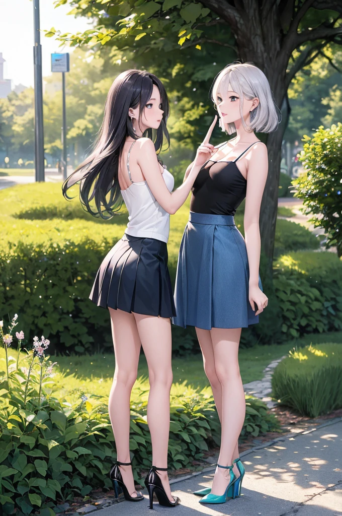 (masterpiece, Highest quality:1.2), 4K, 8k, Intricate details, Art Station, alone, One girl, Mature Woman, NSFW,(Natural finger shape:1.5),4K,masterpiece,((Focus on the face)),((Symmetrical facial features)),Eye for detailed depiction,Beautiful woman,Excellent style,Beautiful feet,(Small Ass,Thin thighs),Detailed depiction of the face,Small earrings,((camisole、flare skirt、High heels)),A park with lush greenery in the early morning,(Two people gazing at each other),blue blonde,,Two Women