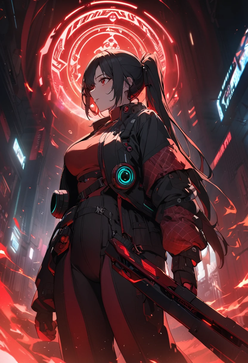 A woman,matured, perfect anatomy, cyberpunk gas mask,long pony tail hair(black hair),red aura,red magic circle,long demon blade with eyes on it, cinematic lighting, cinematic angle,
