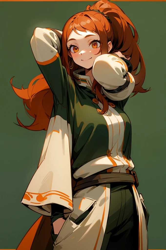 (masterpiece, best quality), intricate details, 1girl, nemona , long hair, orange eyes, ponytail adjusting hair, smiling, arms in pockets