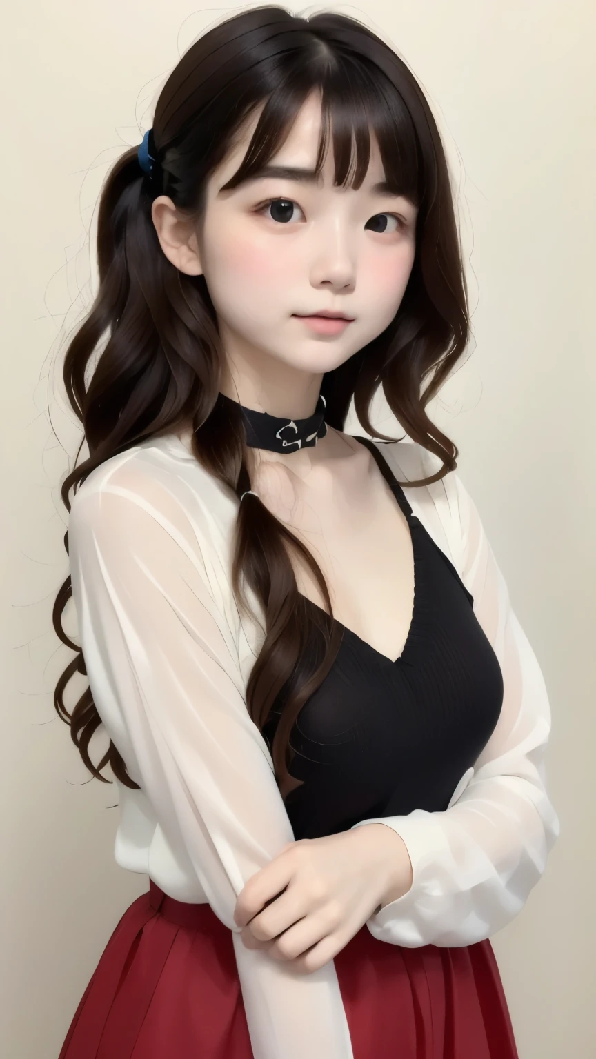 Highest quality、masterpiece、One Girl:1.5、Cute baby face、Japanese、************,Brown Hair、Perfect Anatomy、(((Small red cheeks and nose)))、White skin、Brown Hair、Black Dress、eight-headed body、、Unique hairstyles、choker、Highest quality、Very detailed、High quality details、Portraiture、masterpiece