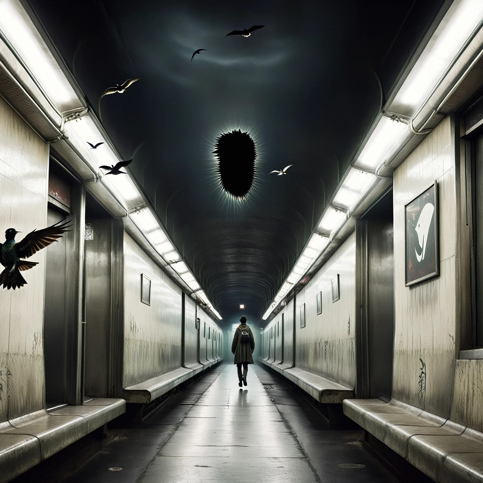 there is a person walking down a long hallway with a bird flying overhead, unsettling creepy liminal space, liminal space hallway, the scary empty liminal spaces, uncanny creepy liminal space, surreal photography, surreal photo, the shaman of the subway, in a subway, stylized urban fantasy artwork, spooky creepy liminal space, in dark corridor