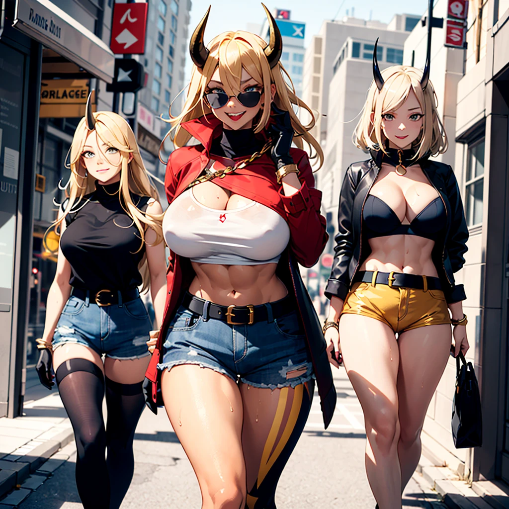 ((best quality)), ((masterpiece)), (detailed), 1girl, one girl, 8k_wallpaper, extremely detailed eyes, extremely detailed body, beautiful face, perfect face, detailed ((blonde hair)), (gold eyes), (( big blue horns)), {{dark skin}}, ({dark skinned female}), gigantic breasts, thick thighs, strong arm and leg muscles, strong abdominal muscles, Korean girl, a predatory mischievous smile with fangs, a vulgar smile, a playful look, style - a hot rock girl, a dark red open jacket with rolled up sleeves, a belt of yellow silk and gold chains, gold bracelets and leather short gloves, short denim mini shorts through which the outlines of a wet woman appear pussy, a rock guitar hanging behind his back, walking down the street of the evening city,